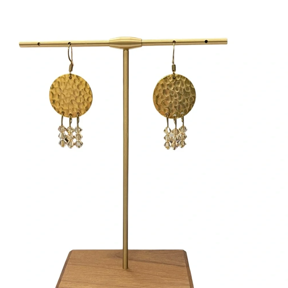 Gold Tone Hammered Earrings‎ Dangling Beads 2” Dressy Lightweight Boho Casual